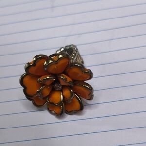 Vibrant Orange‎ Floral Ring with Silver Detailing
